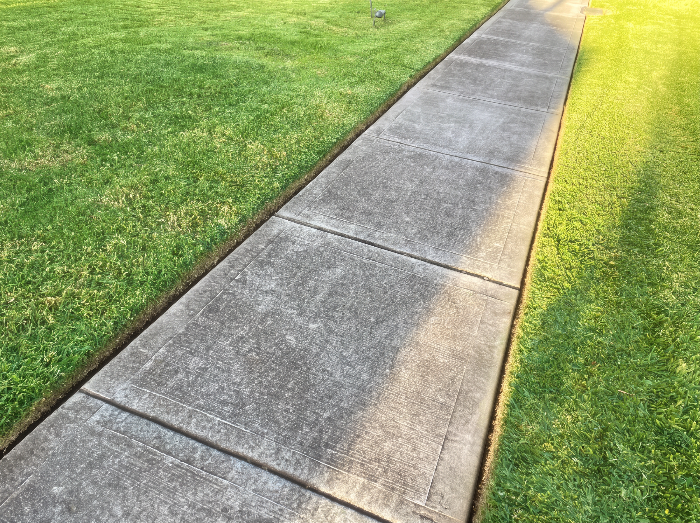 Precision edging along a long concrete path with healthy green lawn