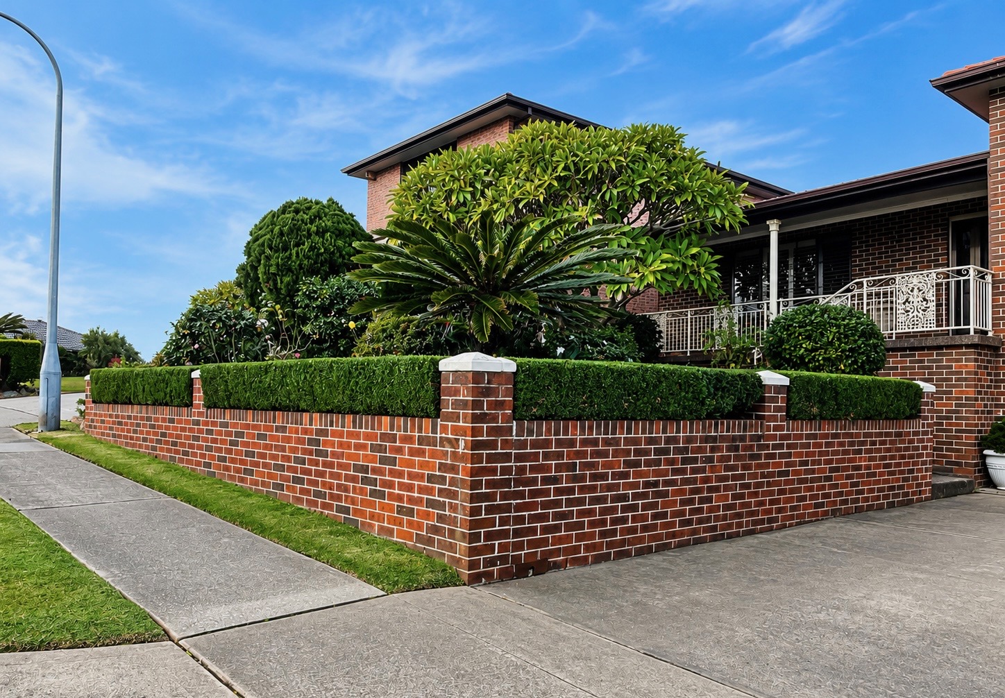 Neatly trimmed tree and hedge along a Sydney brick fence line